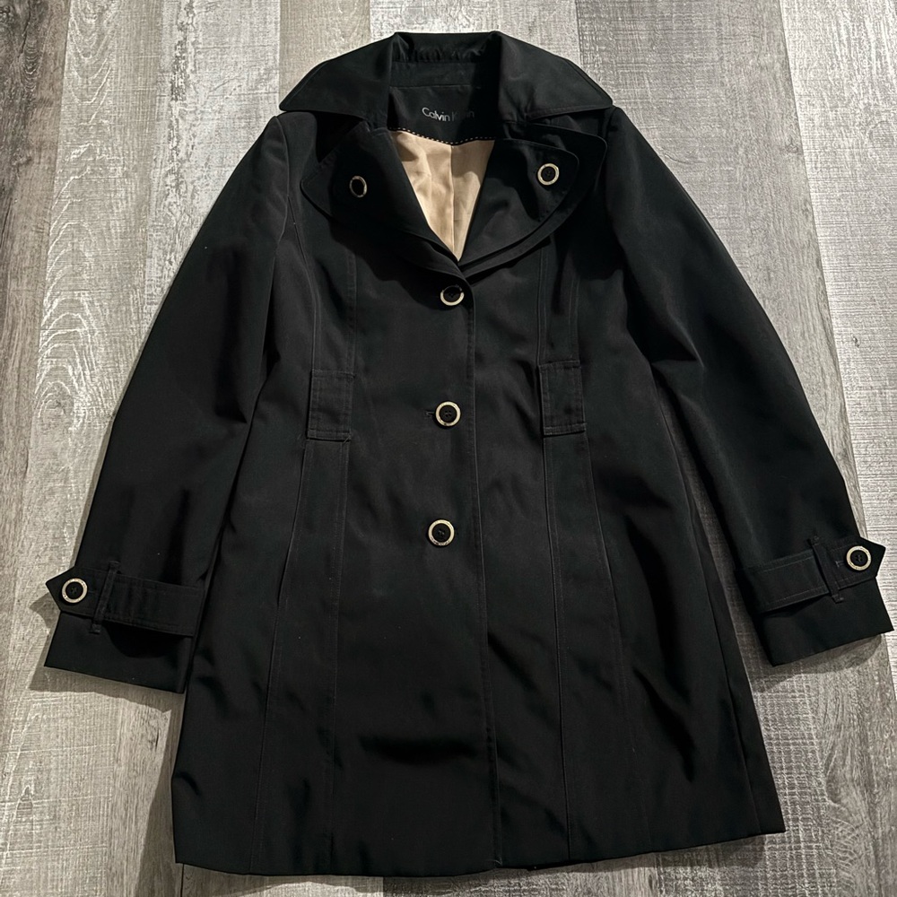 ‼️Calvin Klein Black Trench Coat with Button Accents